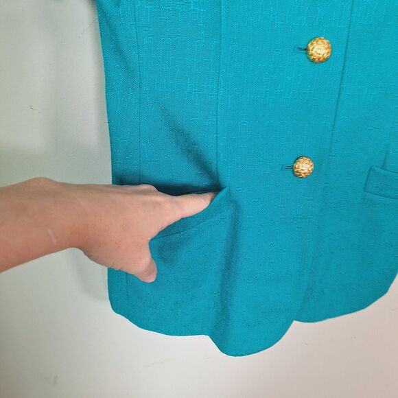 Vintage 80s/90s Teal Short Sleeve Gold Button Blazer Jacket Size Medium Career - Picture 6 of 8